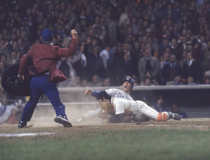 Major League Baseball 1977 World Series: New York Yankees catcher Thurman Munson #15 in action, with tag out vs Los Angeles Dodgers Steve Garvey #6. Bronx, NY Credit: John G. Zimmerman SetNumber: D93503